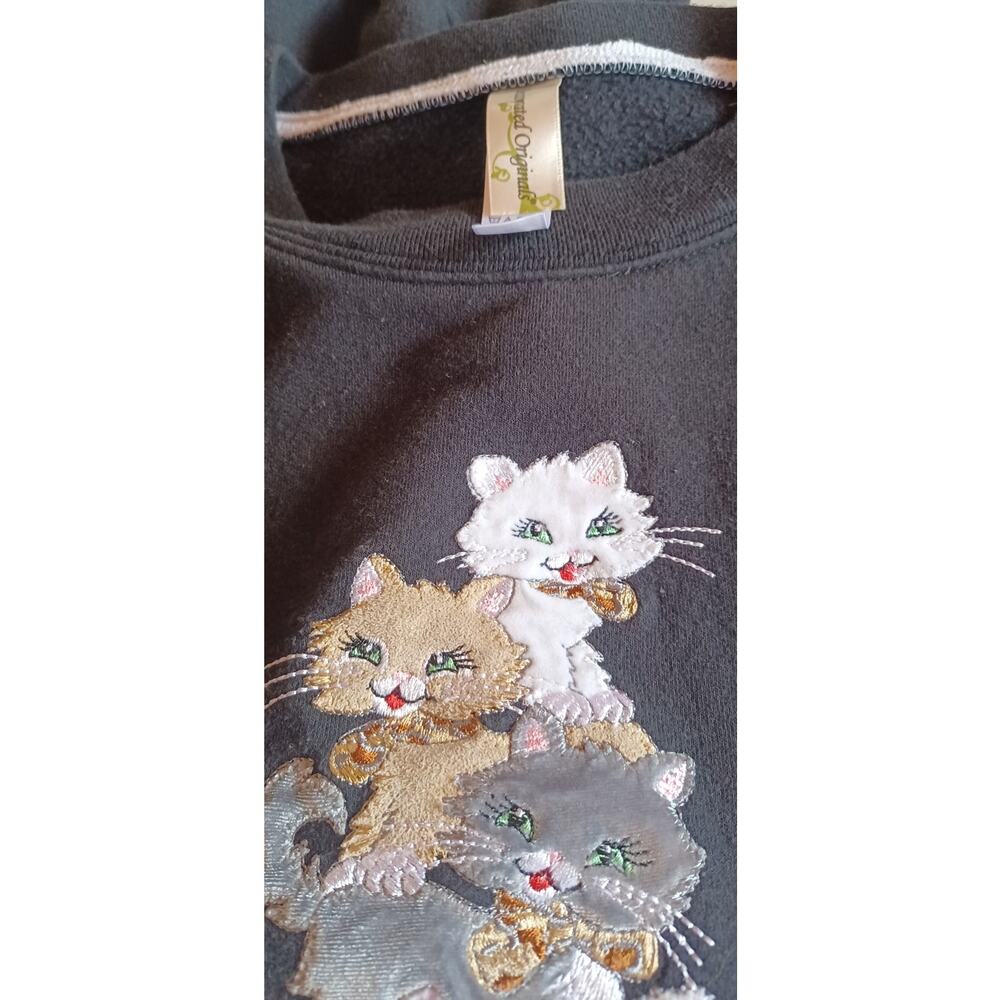Vintage 90s Grannycore Cat Stack Embroidered Blac… - image 4